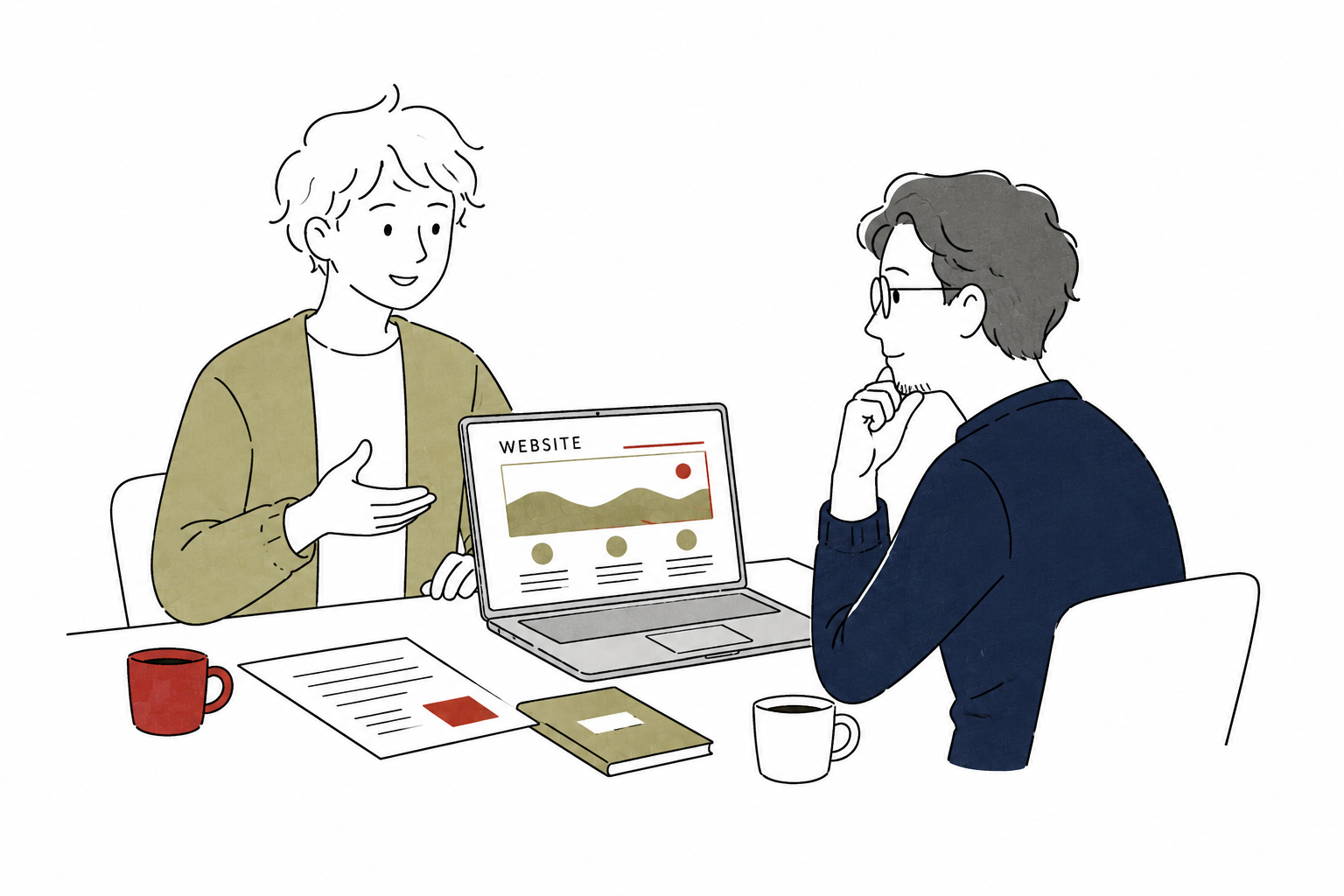 お客様とノートパソコンを見ながら相談している様子のイラスト