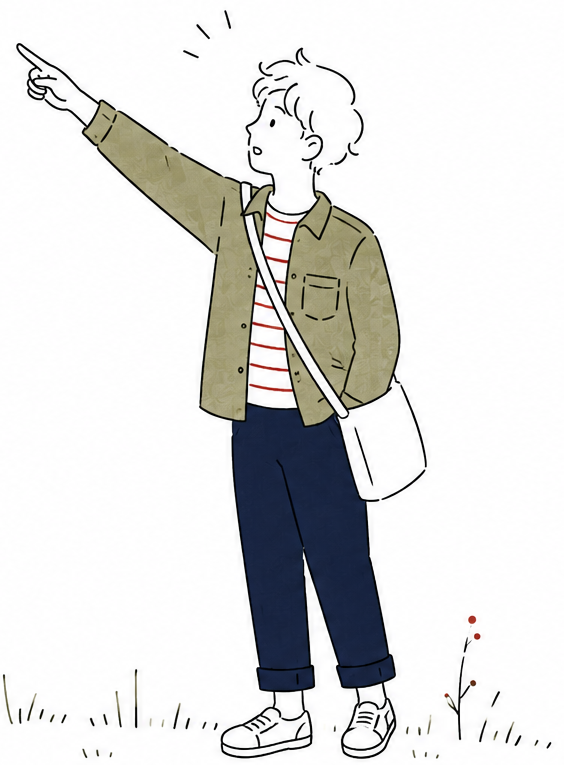 未来の入口を指さす人物のイラスト